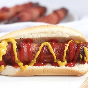 Air Fryer Bacon Wrapped Hot Dogs